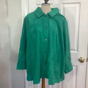 Susan Graver coat fleece jacket emerald green embroidered flowers new size 3X